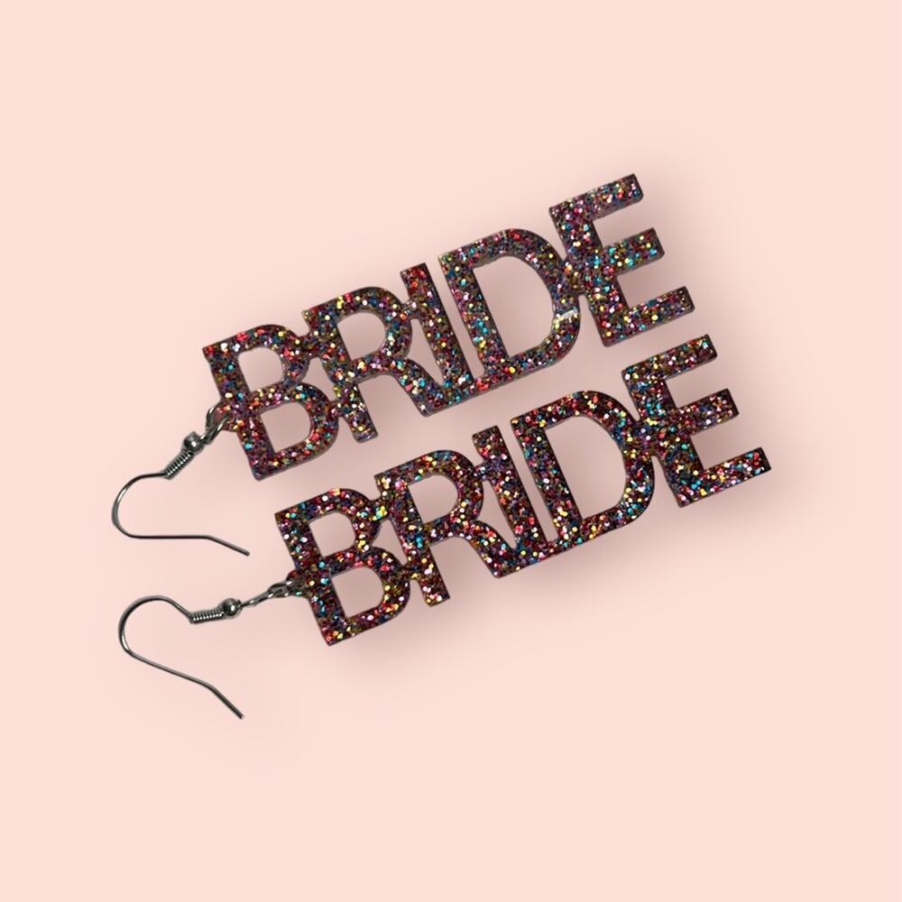 PINK MULTICOLOR GLITTER BRIDAL SHOWER BACHELORETTE BRIDE STATEMENT EARRINGS NEW